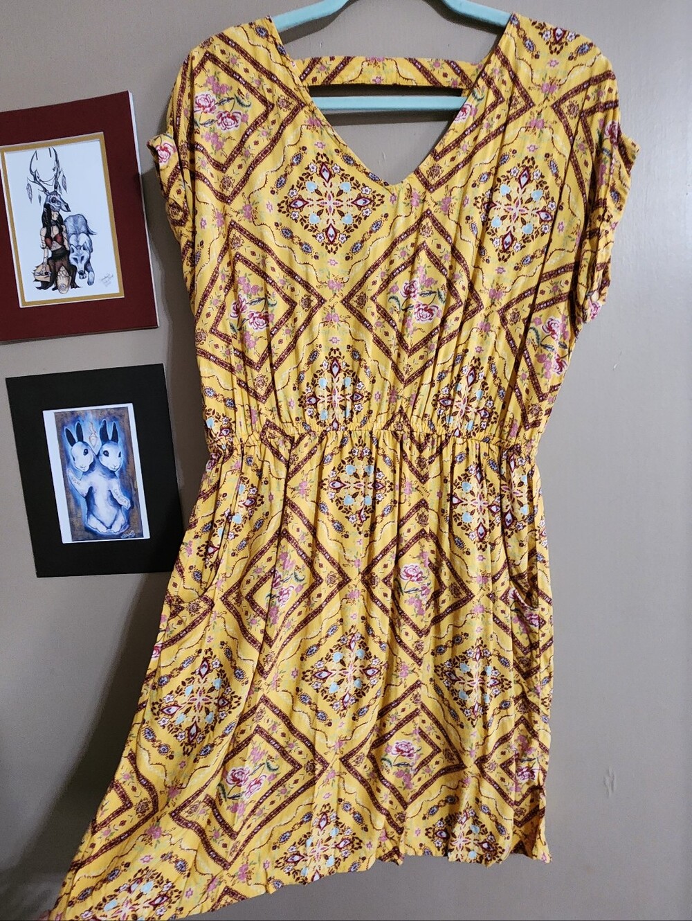 Boho Paisley Tunic Dress | Floral Peasant Dress | Pink Rose | L